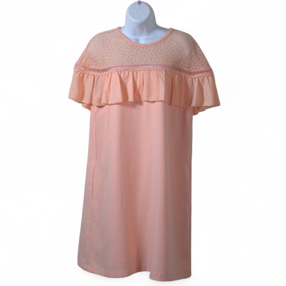 Gianni Bini Blush Pink Shift Dress L Lace Yoke Ruffle Sleeve Feminine